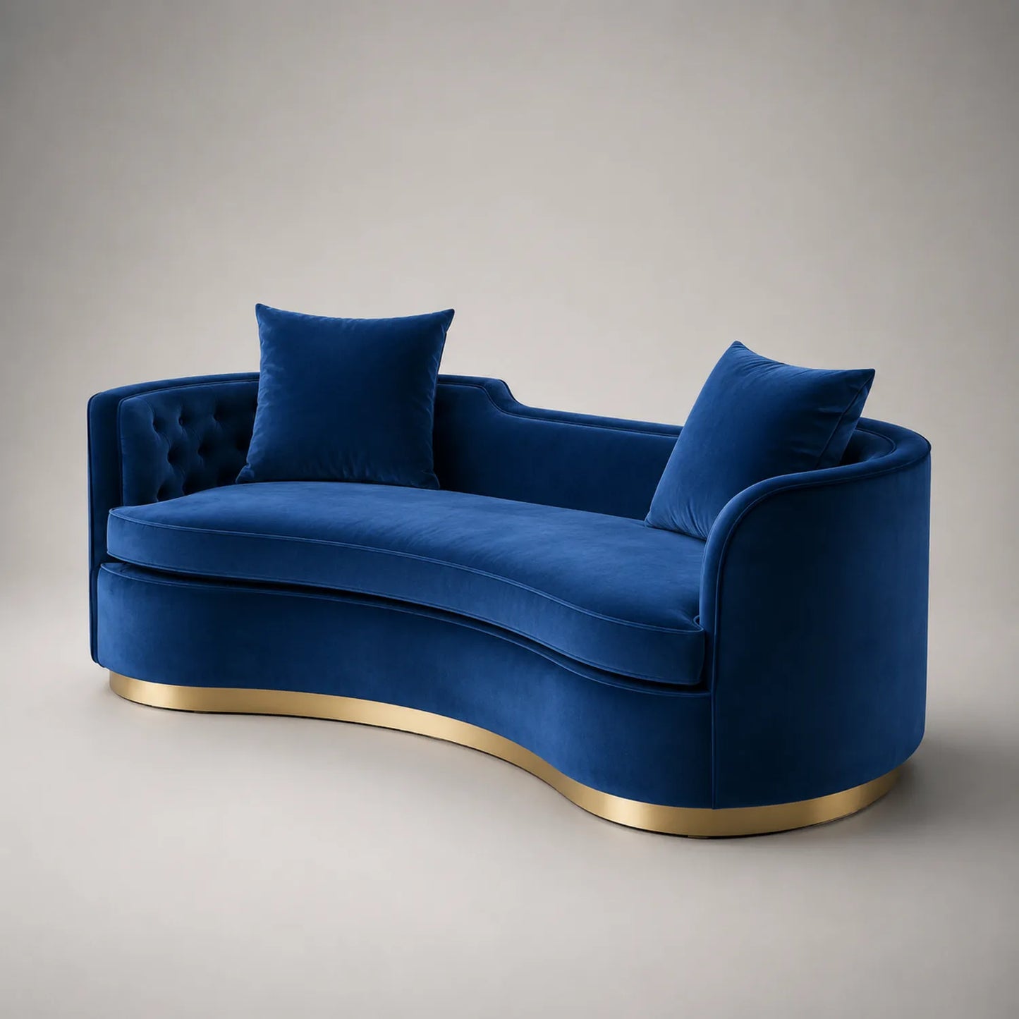 Gebogenes Samtsofa mit Metallbasis Blau