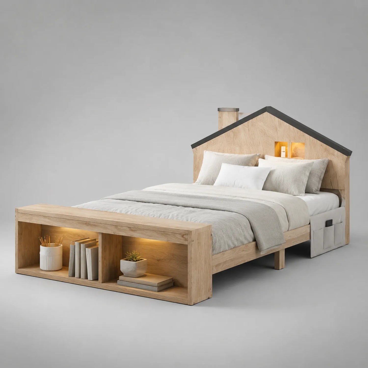 Holzbett in Hausform mit Kopfteil und Stauraum aus Eiche