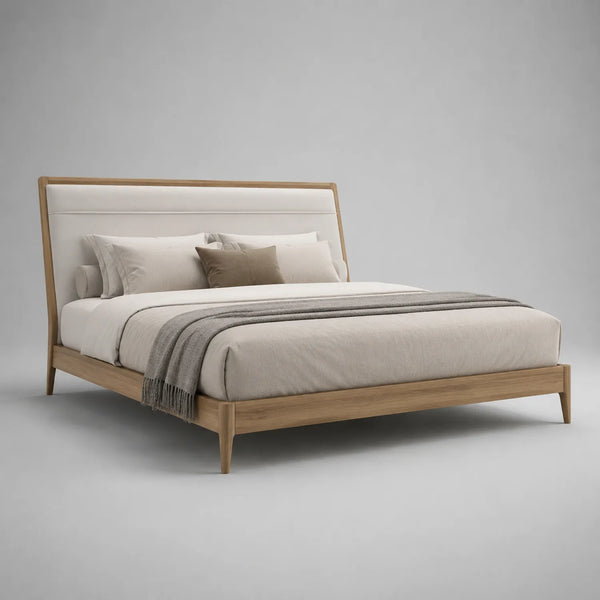 Bett aus Eichenholz mit gepolstertem Kopfteil 200x180 cm Beige/Eiche