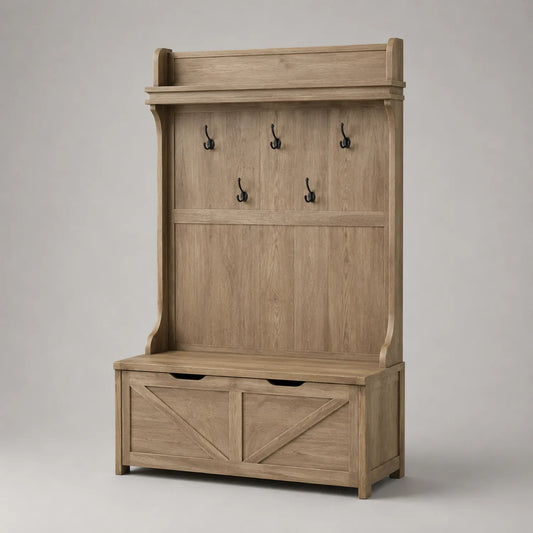 Garderobenständer aus Eichenholz mit Haken und Sitzbank 180cm
