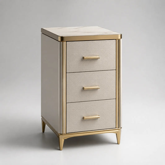 Nachttisch mit 3 Schubladen aus MDF und Metall Beige/Gold 60x40x35cm