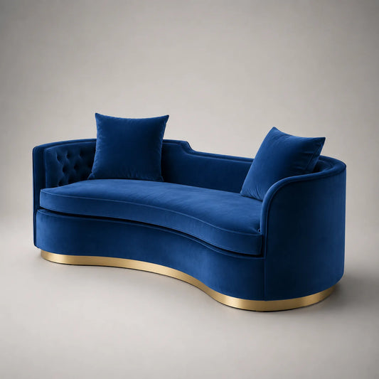 Gebogenes Samtsofa mit Metallbasis Blau