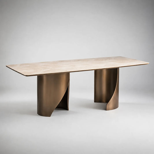 Rechteckiger Esstisch aus Natursteinimitat und Metall in Beige/Bronze