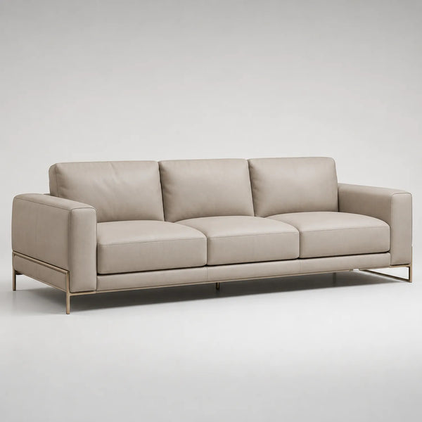 3-Sitzer Ledersofa Beige mit Edelstahlrahmen
