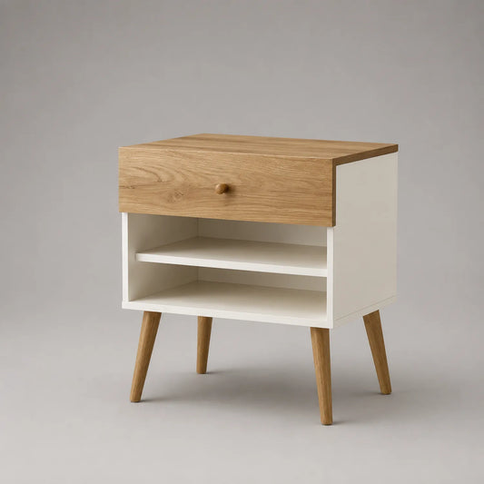 Holz Nachttisch mit Schublade und Regal, Eiche/Weiß