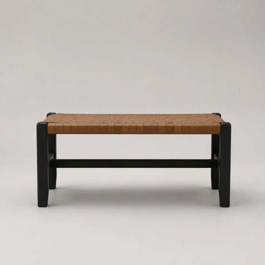 Holzbank mit Ledergeflecht Schwarz/Braun 120 x 40 x 45 cm