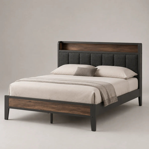 Bett aus Metall und Holz 140x200cm Dunkelgrau/Walnuss