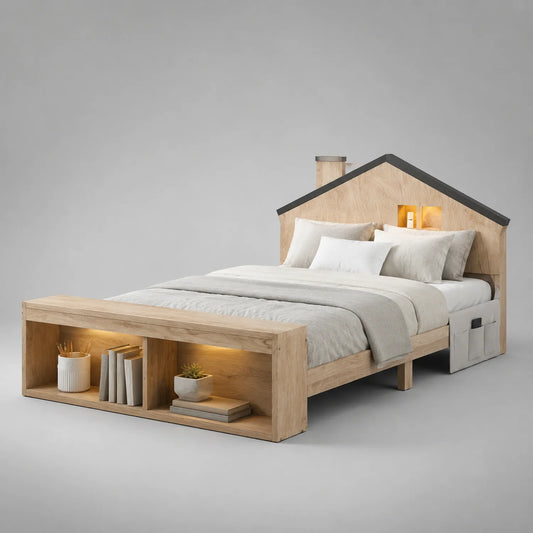 Holzbett in Hausform mit Kopfteil und Stauraum aus Eiche