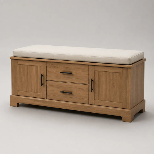 Eichenholz Flurbank mit Stauraum und Stoffpolster 120x40x48cm