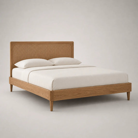 Holzbett mit Rattangeflecht Kopfteil 200x180 cm Naturholz