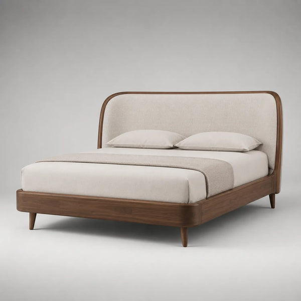 Doppelbett aus Walnussholz mit Stoffkopfteil 200x180 cm