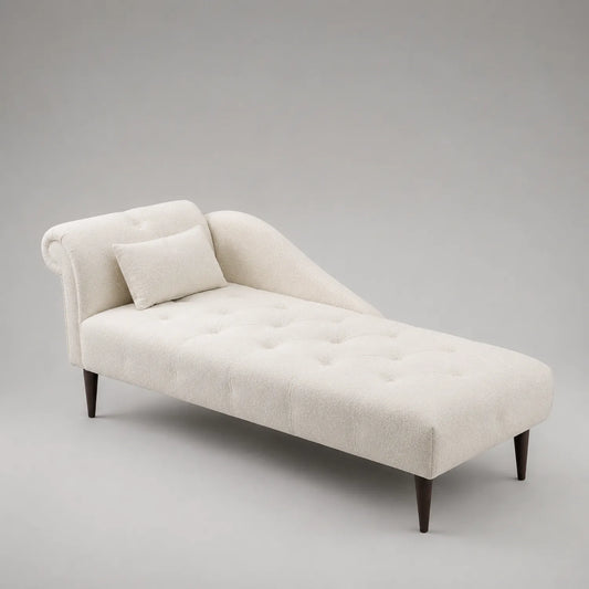 Chaiselongue mit Polyesterbezug in Hellbeige und Holzfüßen